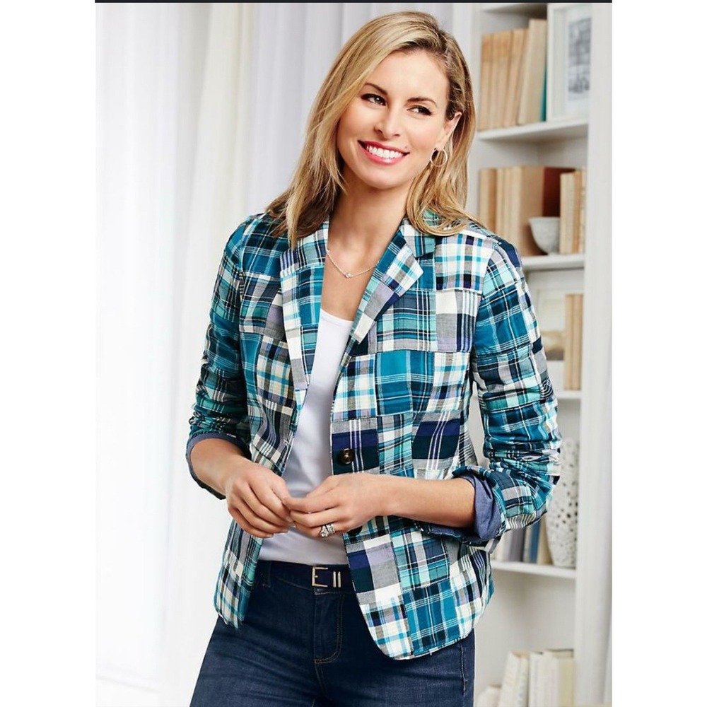 Talbots Patchwork Blazer Button Jacket Size 6 Blue & Madras Plaid Cotton Lined